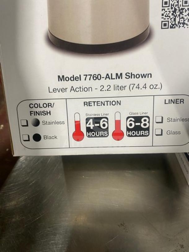 Bloomfield 7760ALM Air Pot, new in box, stainless finish, 2.2L capacity, lever action, retention up to 8 hours.