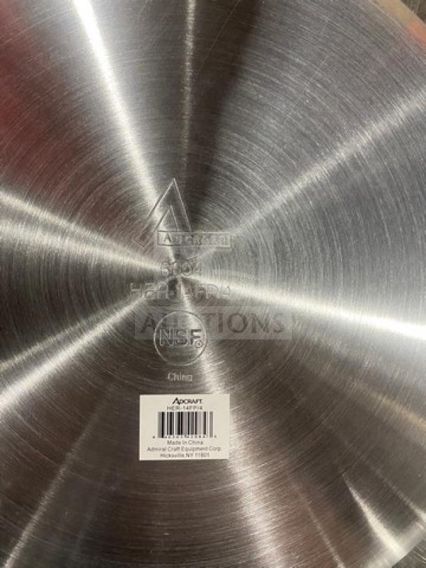Adcraft stainless steel skillet, brand new, NSF certified. Tags show model and origin. Ideal for sizzling or frying.