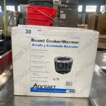 Adcraft 11Q Round Warmer/Cooker model FW1200WRB in box, 115V, new condition. Box features product details and brand logo.