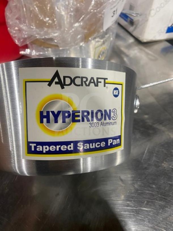 BRAND NEW Adcraft Hyperion 3 Tapered Sauce Pot, Model 3003 Aluminum, NSF Certified, with handle and label visible.