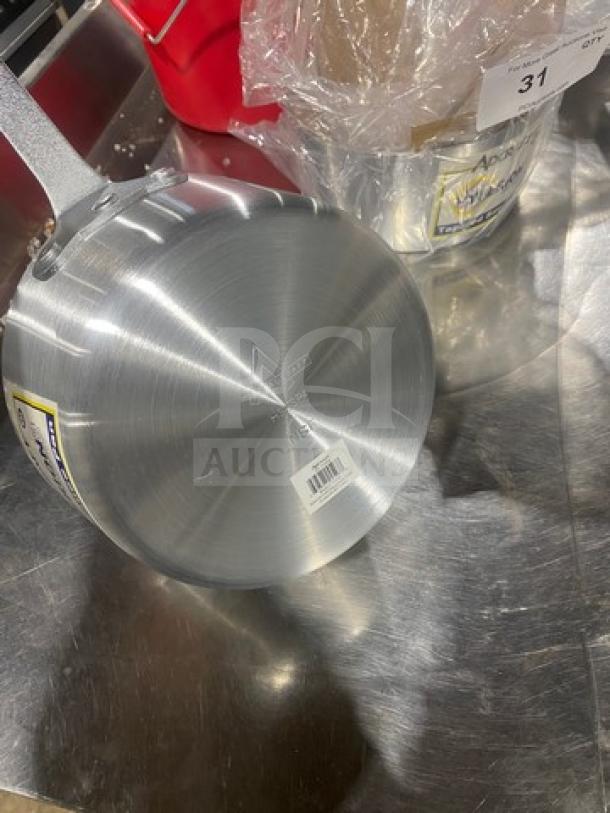 Brand new Adcraft Aluminum Tapered Sauce Pot, Model 3003, shiny finish, with visible label and barcode.