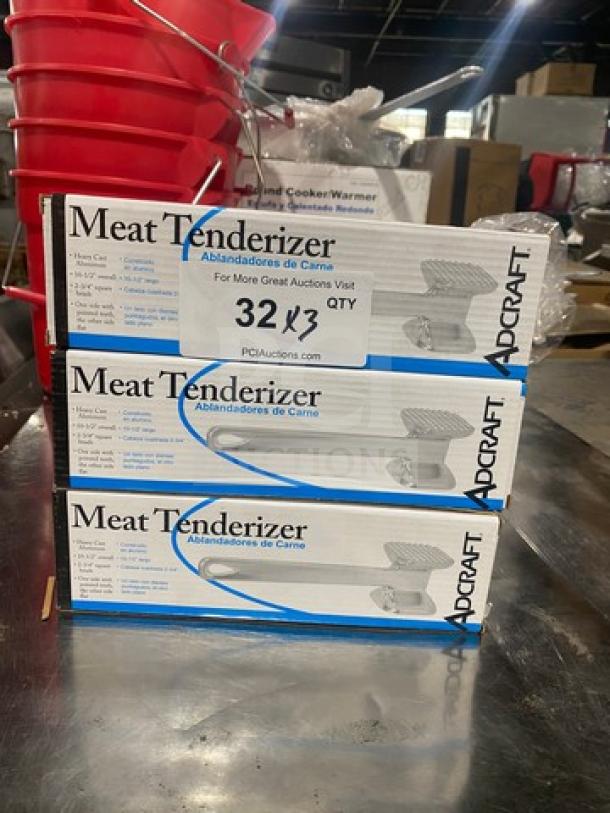 Brand new Adcraft Meat Tenderizer, Model MTA10, in box. Set of 3. Box labeled with product details and "32 ⅓ QTY."