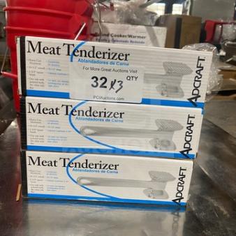 Brand new Adcraft Meat Tenderizer, Model MTA10, in box. Set of 3. Box labeled with product details and "32 ⅓ QTY."