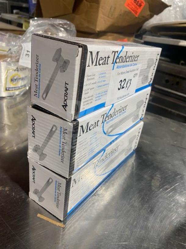Adcraft MTA10 Meat Tenderizer, brand new in box, set of three. Boxes feature product images and branding.