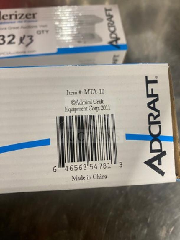 Brand new Adcraft meat tenderizer in box. Model MTA10. Features barcode, Adcraft logo. Made in China.