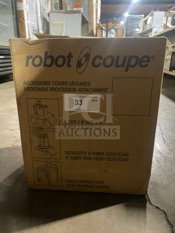 Brand new Robot Coupe food processor attachment head in box, for models 502/502VV/602/602VV. Box shows product illustrations.