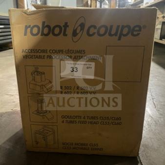 Brand new Robot Coupe food processor attachment head in box, for models 502/502VV/602/602VV. Box shows product illustrations.