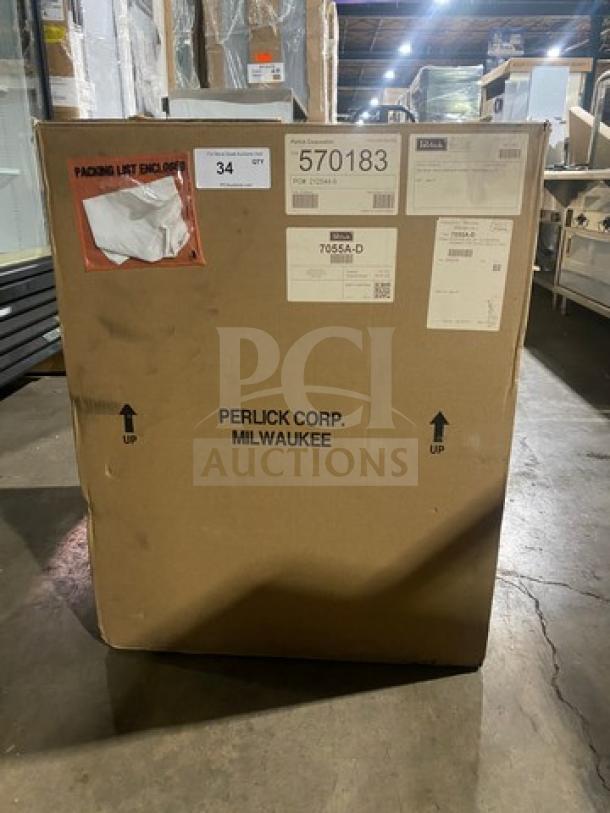 Brand new Perlick Model 7055AD stainless steel under-counter bar glass dry rack in original packaging box.