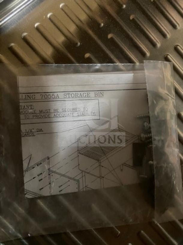 Perlick 7055AD under-counter glass dry rack, brand new in box, all stainless steel, installation instructions visible.