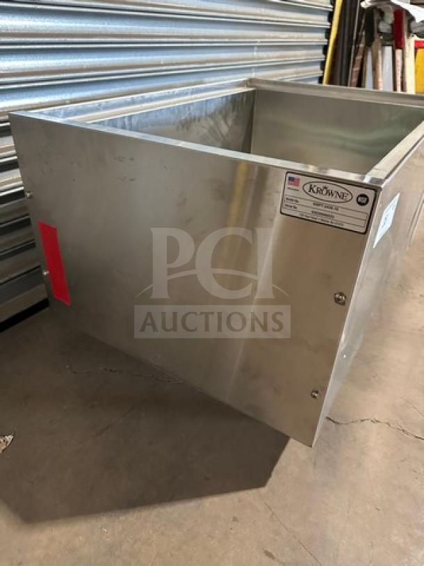 NEW Krowne KRPT2436 stainless steel ice bin; pristine condition, side label shows model and brand details.