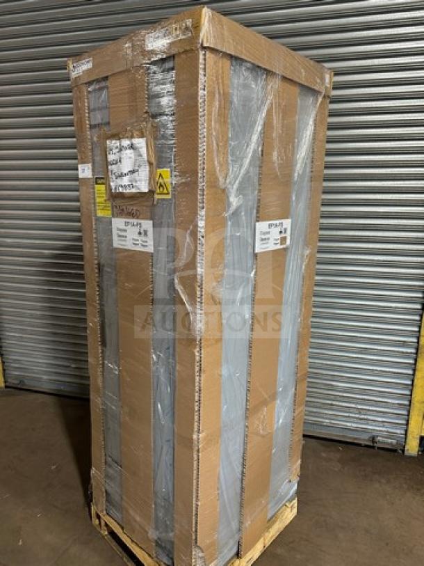 Brand new Hoshizaki EF1A stainless steel reach-in freezer in box, shown with packaging. Model EF1A, serial L00648H, on casters.