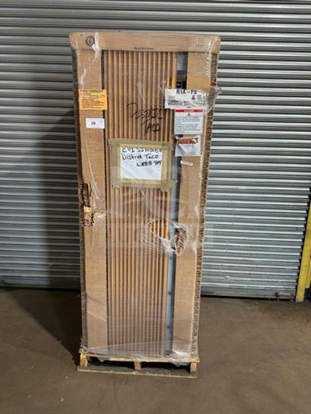 Brand new Hoshizaki R1A-FS stainless steel reach-in cooler, boxed, 115V, 1 phase, on casters, serial M54925A, labeled packaging.