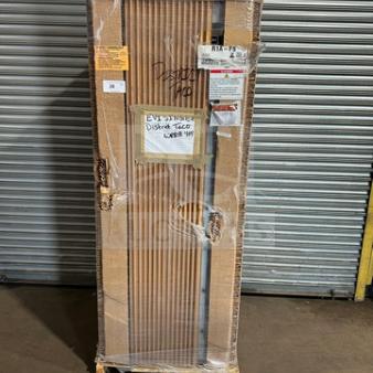 Brand new Hoshizaki R1A-FS stainless steel reach-in cooler, boxed, 115V, 1 phase, on casters, serial M54925A, labeled packaging.