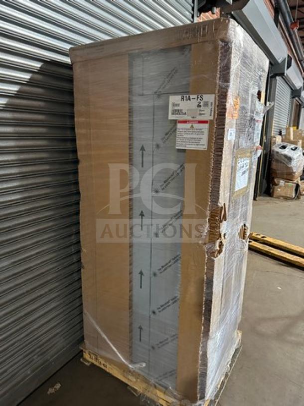 Brand new Hoshizaki R1A-FS stainless steel reach-in cooler, in box, on casters. Model R1A-FS, Serial M54925A, 115V, 1 Phase.