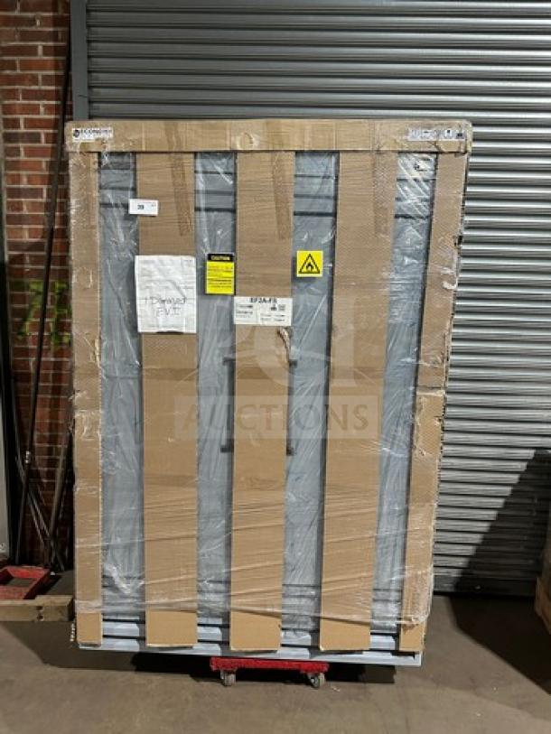 Hoshizaki EF2A-FS stainless steel 2-door reach-in freezer, brand new in box with manufacturer's labels, on casters, 115V 1Phase.