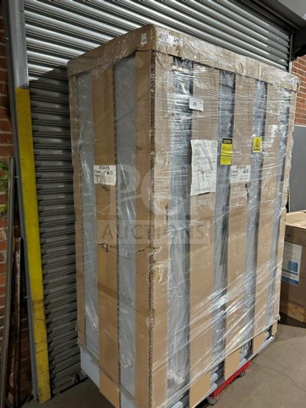 Brand new Hoshizaki EF2A-FS stainless steel 2-door reach-in freezer, in packaging, with casters, 115V, 1-phase.