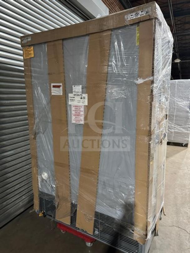 Brand new Hoshizaki EF2A-FS stainless steel 2-door reach-in freezer, in original packaging, on casters, 115V, 1Phase.