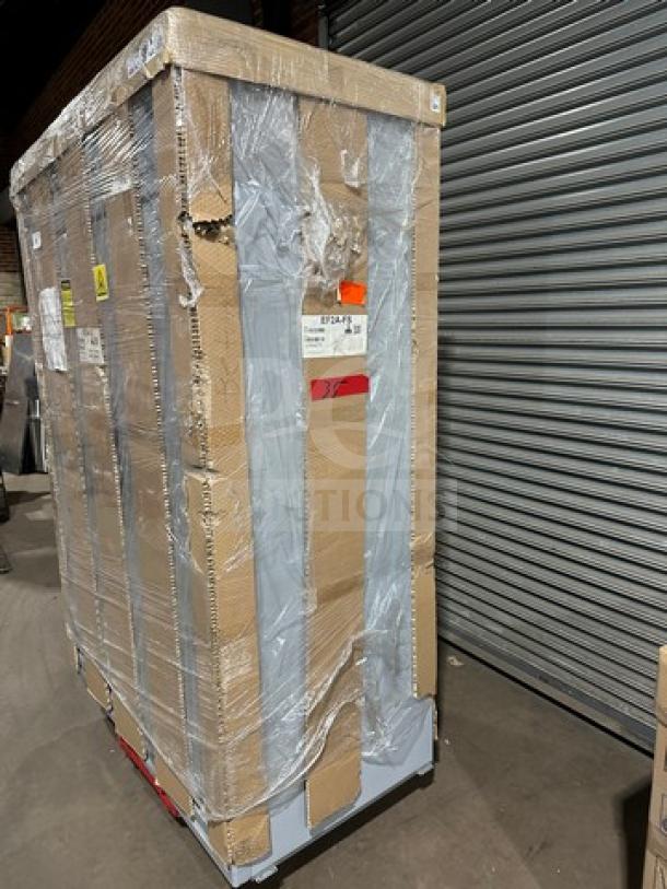 Brand new Hoshizaki EF2A-FS stainless steel 2-door reach-in freezer in original packaging, on casters.