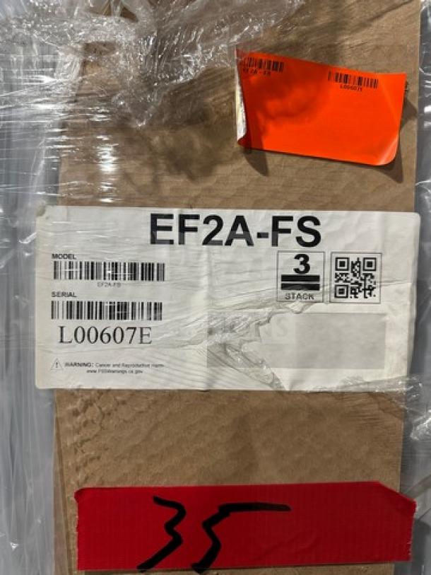 Label on box for Hoshizaki EF2A-FS freezer, serial L006007E, showing model and stacking info. Boxed and new condition.
