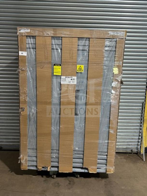 Brand new Hoshizaki EF2A-FS stainless steel 2-door reach-in freezer, in box, on casters, model EF2A-FS, serial L006007E.