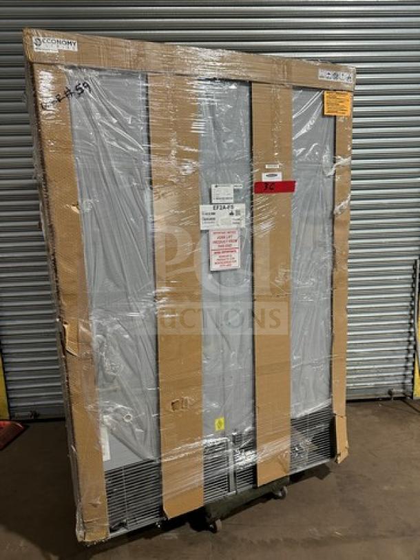 Brand new Hoshizaki EF2A-FS freezer, 2-door, all stainless steel, on casters, packaged in original box, serial L006007E.