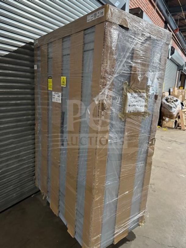 Brand new Hoshizaki EF2A-FS stainless steel 2-door reach-in freezer in packaging, 115V, 1 phase, on casters.