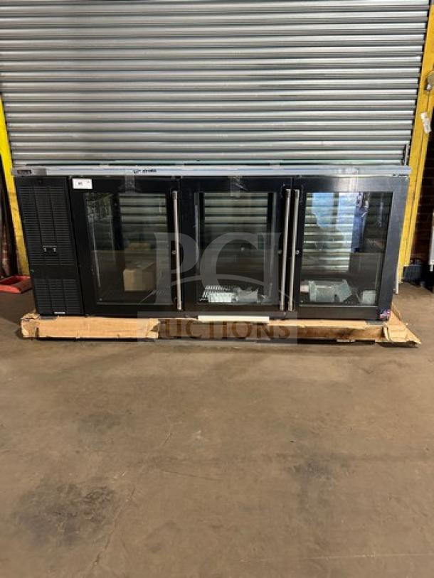 Perlick 3-door glass bar back cooler, model PTS84RF, with stainless steel work top. Brand new, 115V, 1 phase.