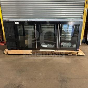 Perlick 3-door glass bar back cooler, model PTS84RF, with stainless steel work top. Brand new, 115V, 1 phase.