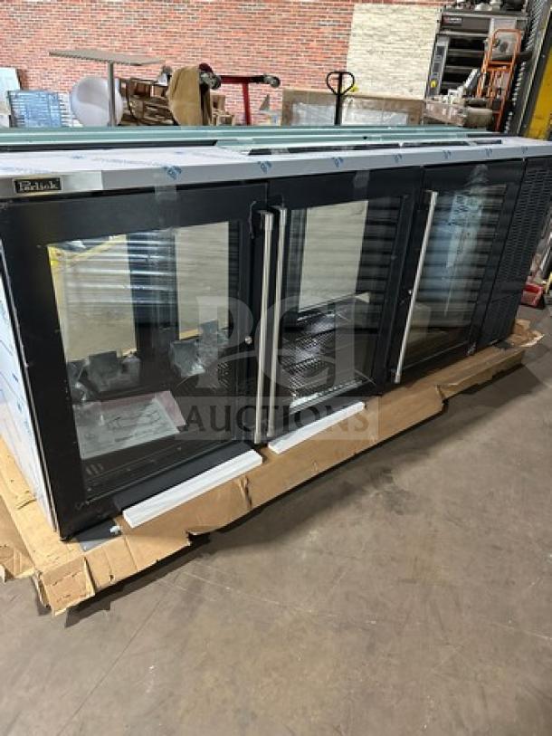 Perlick 3-door glass bar back cooler, model PTS84RF, brand new, stainless steel worktop, visible Perlick label.