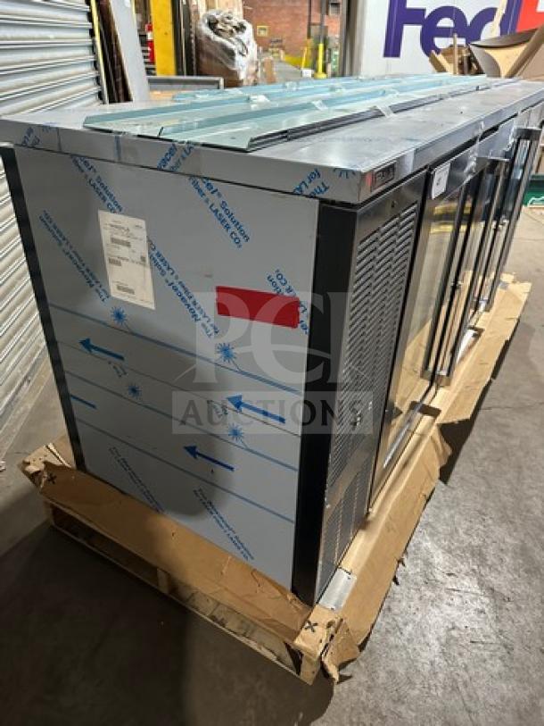 Brand new Perlick 3-door glass bar back cooler, model PTS84RF, stainless steel top, protective wrapping, 115V, serial 2303150055A.