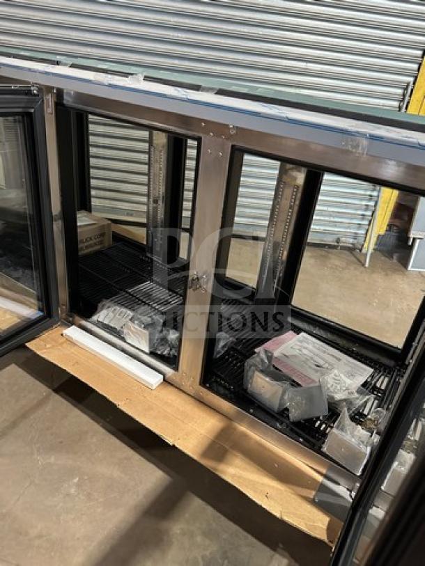 Perlick 3-door glass bar back cooler, model PTS84RF, with stainless steel work top, brand new condition.