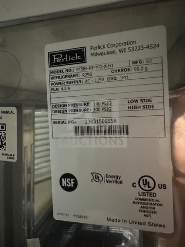 Brand new Perlick 3-door glass bar back cooler, model PTS84RF, stainless steel top, 115V, serial 2303150055A.