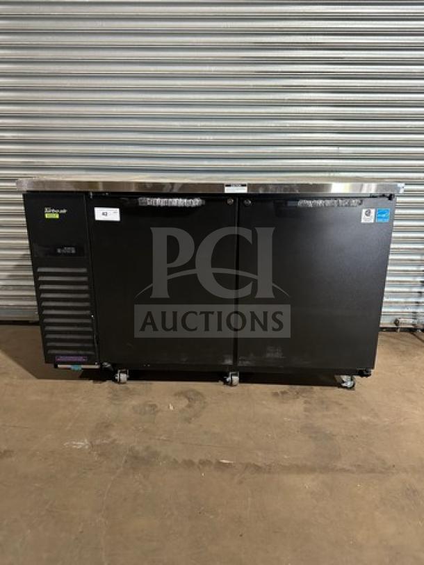 Turbo Air TBB2460SBDN6 bar back cooler, new, 2 solid doors, 120V 1Phase, on casters, stainless steel, energy-efficient.