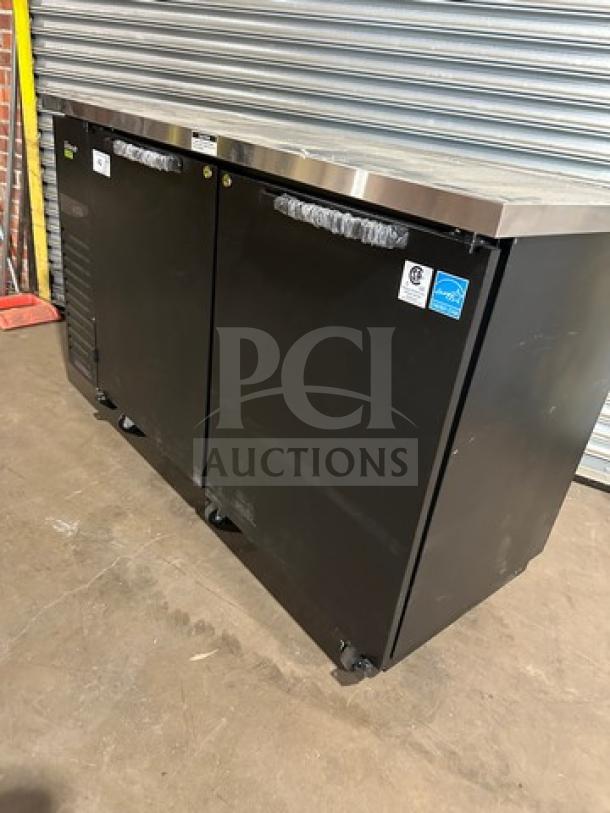 Turbo Air TBB2460SBD-N6 bar back cooler, new, 2 solid doors, black finish, on casters, 120V, 1 Phase, energy efficiency label.