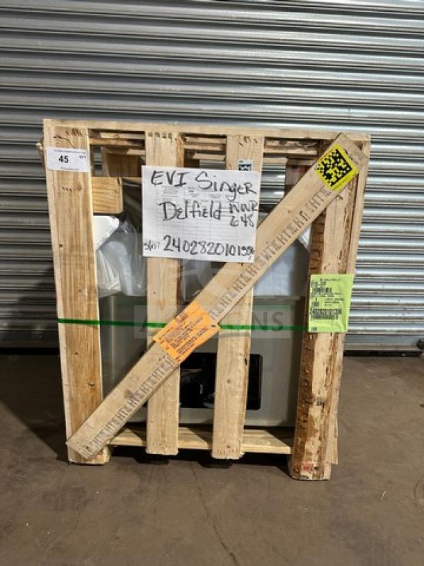 Brand new Delfield 48" Refrigerated Drop In Cold Pan, Model 8118, in wooden crate with visible serial number 240282101356.