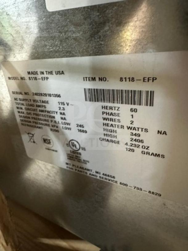 Delfield Model 8118 refrigerated drop-in cold pan label, brand new, 115V, 1 phase, 48 inches, serial 240282101356.