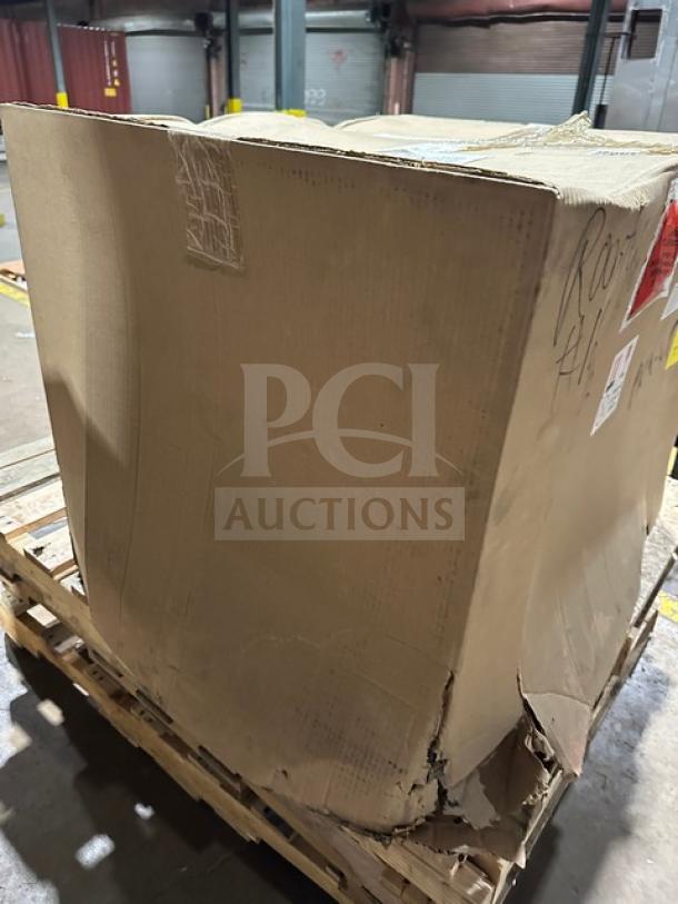 New Hatco GRFHS-PT26 warming station in damaged box on pallet. Model number and serial visible. 120V, 1 phase.