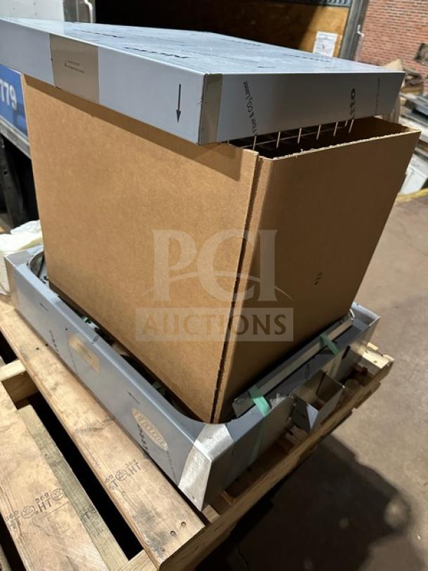 New Hatco GRFHS-PT26 countertop warming station in box, 120V, 1 phase, serial 2101152226, on wooden pallet.