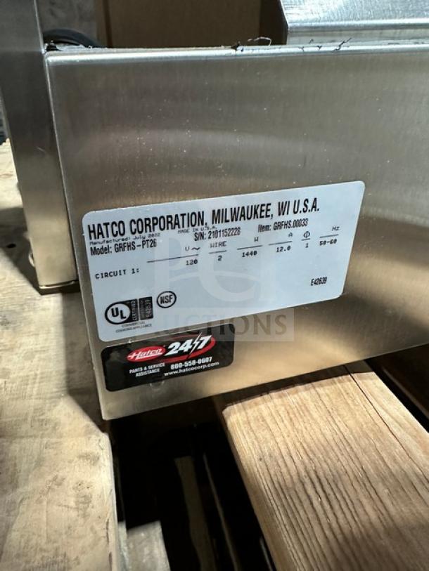 NEW Hatco GRFHS-PT26 Counter Top Crisp-N-Hold Warming Station, stainless steel, 120V, model/serial tags visible.
