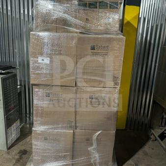 Mixed pallet with 26 cases of Sabert FreshPack dome lids for 48 oz bowls, 5 cases of Dart hot beverage lids, and 1 case of classic dessert lids, brand new in packaging.