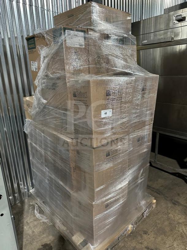 Brand new mixed pallet with 26 cases of Sabert FreshPack Dome Lid for 48 OZ bowls, 5 cases of Dart hot beverage lids, 1 case of dessert lids.