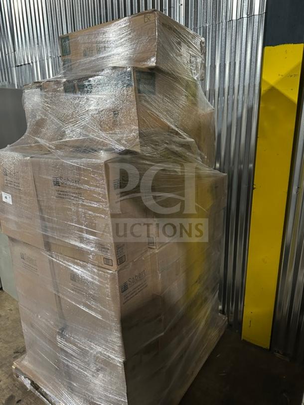 Brand new pallet with 26 cases of Sabert FreshPack dome lids, 5 cases of Dart hot beverage lids, 1 case of dessert lids, shrink-wrapped for auction.