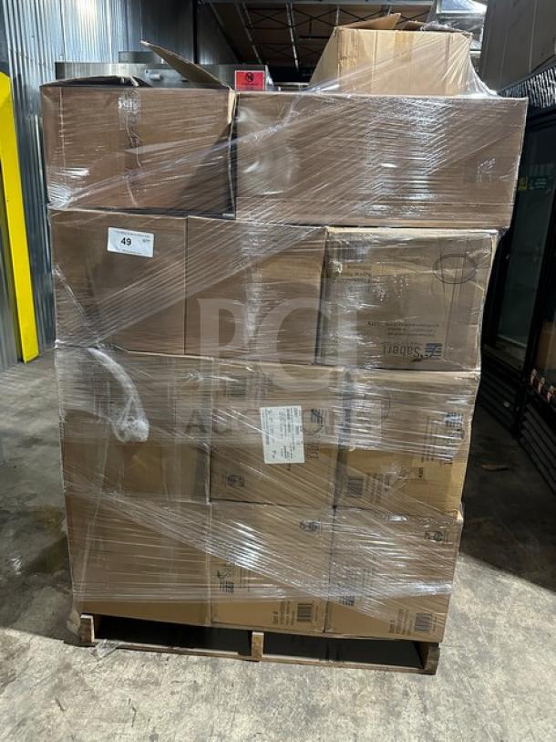 Mixed pallet with Sabert portion cups, Graster BO-SA21352, Firenze dinnerware, wood risers, Luxe bread display, and thermometers.