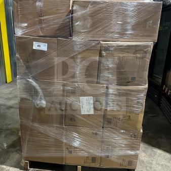 Mixed pallet with Sabert portion cups, Graster BO-SA21352, Firenze dinnerware, wood risers, Luxe bread display, and thermometers.