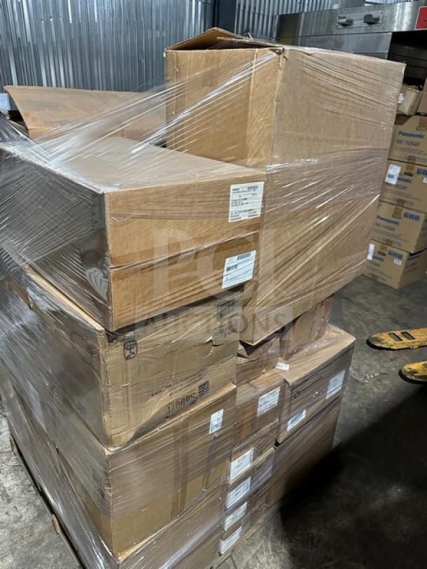 Mixed pallet with boxes, including Sabert 4oz cups, Graster BO-SA21352, Firenze knives and spoons, trays, and more. New condition.