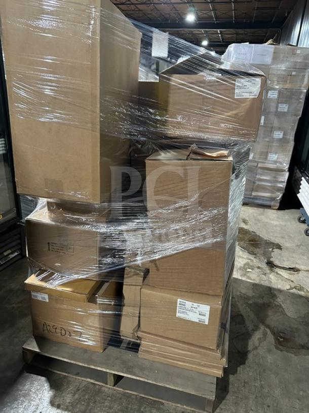 Mixed pallet with 9 cases of Sabert 4oz cups, Graster BO-SA21352, Firenze knives, and more. Brand new, wrapped on pallet.