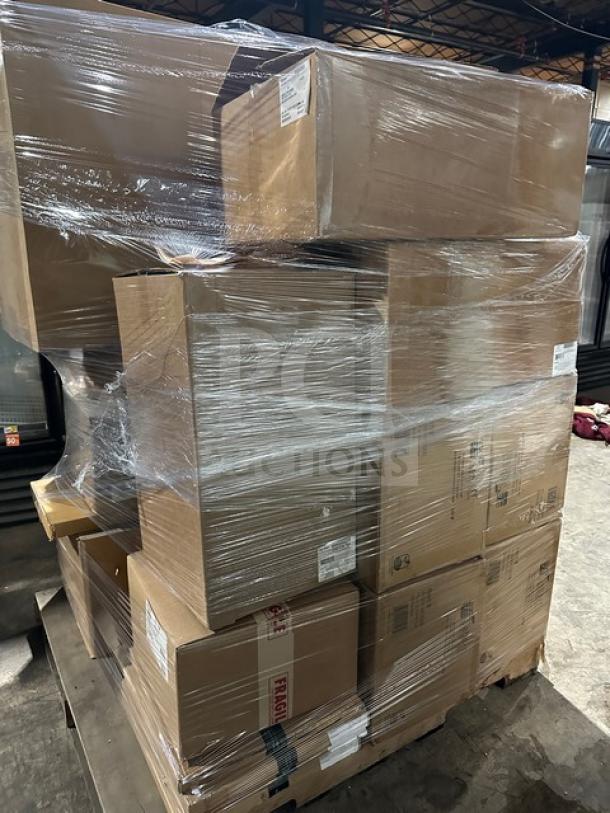 Shrink-wrapped mixed pallet of various items, including Sabert 4oz cups, Graster BO-SA21352, Firenze knives and spoons, trays, wood risers, LUXE bread display, thermometers. Boxes stacked neatly.