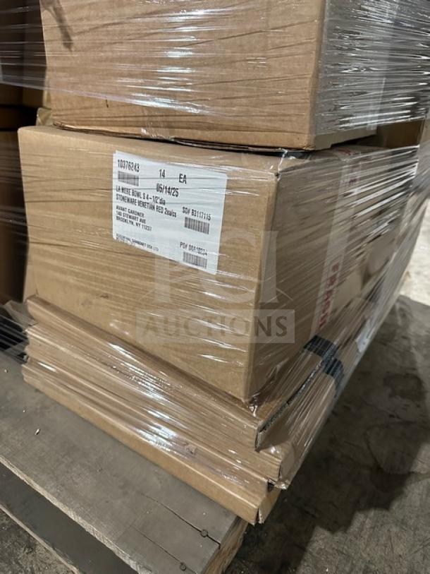 Mixed pallet of boxed goods, including Sabert 4oz cups, Graster BO-SA21352, Firenze knives, thermometers, and more, wrapped in plastic.