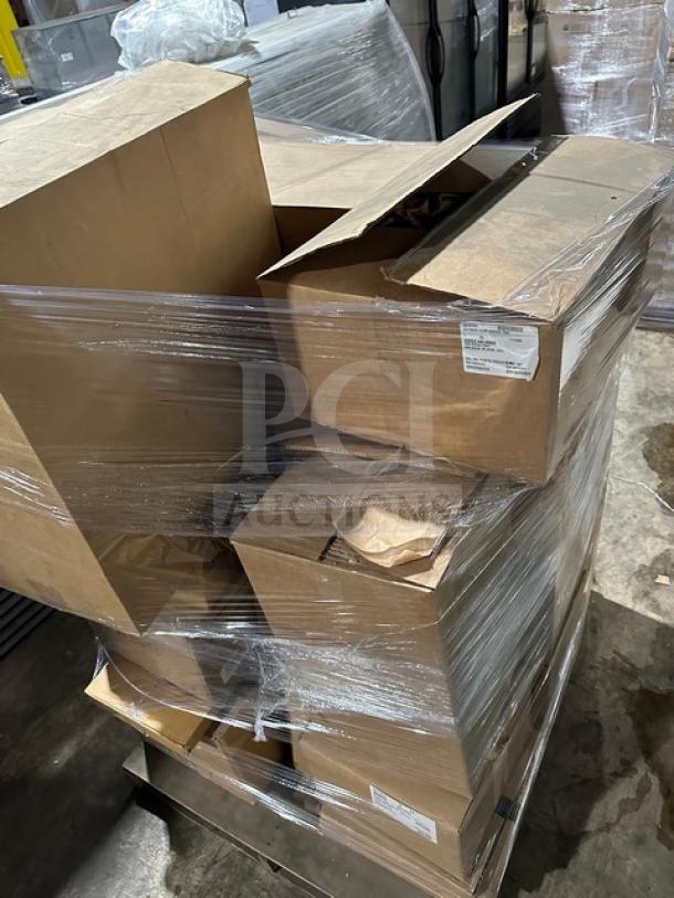 Mixed pallet with brand new items wrapped in plastic, including Sabert cups, Graster boxes, Firenze cutlery, and more.