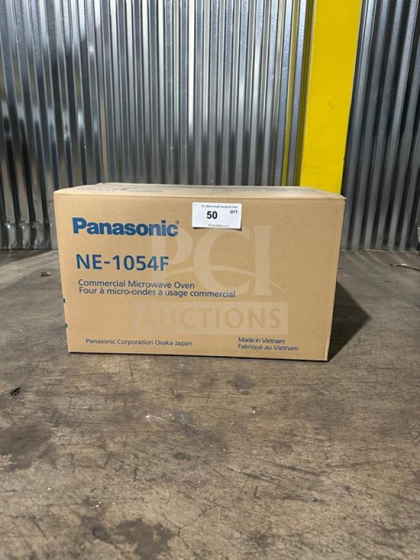 Brand new Panasonic NE-1054F commercial microwave oven in box, touch pad, 115V, 1 phase, box shows model and origin details.